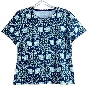 Talbots Blue Green Floral Print Tee Petite XL Cotton Stretch Short Sleeve